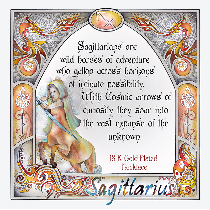 Sagittarius birthday gift necklace-pendant, Zodiac star-sign jewellery for horoscope astrological lovers. Spiritual esoteric gifts for her with inpiring emotional quote phrase with art nouveau watercolor border. 