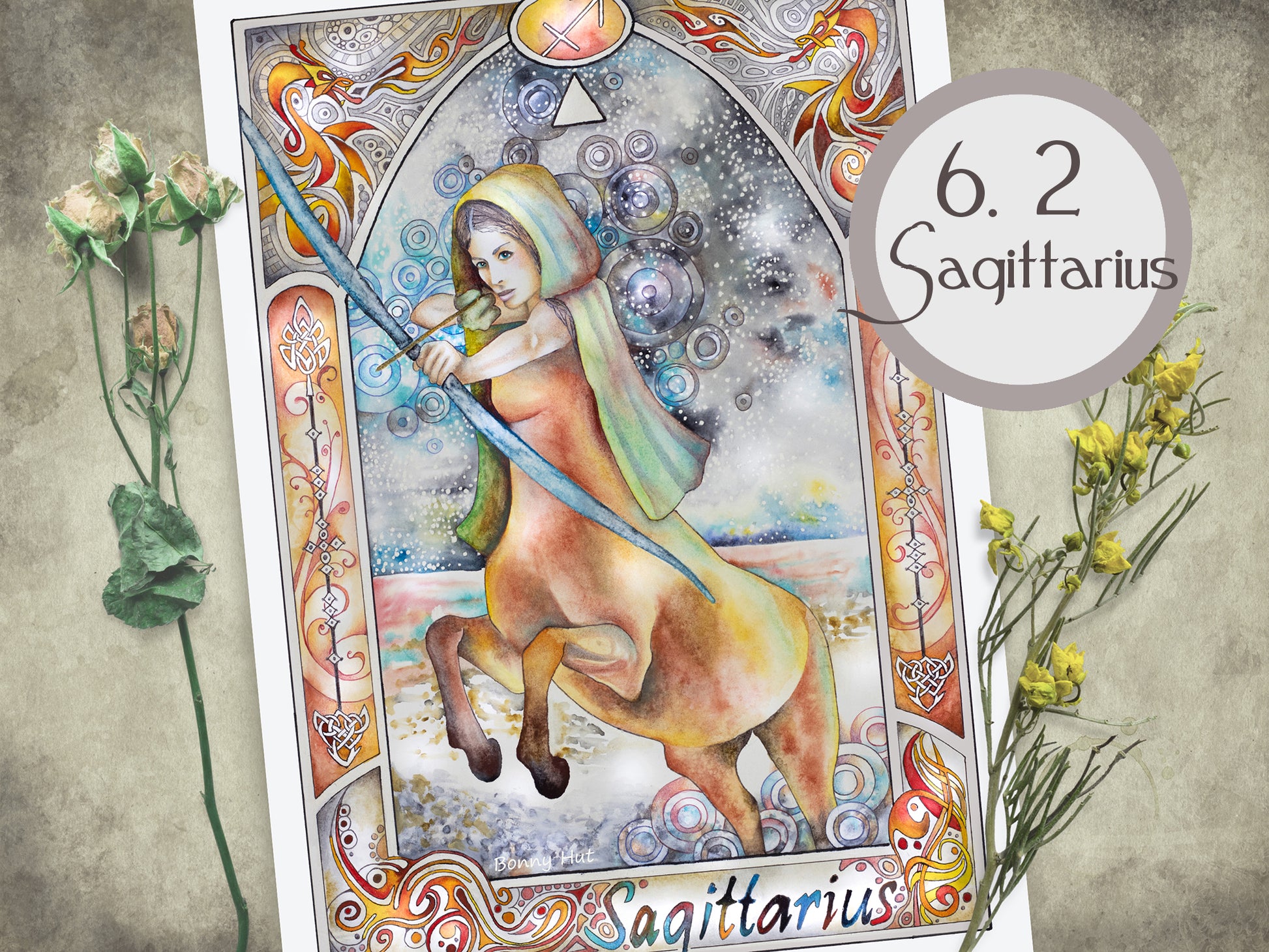 Sagittarius Celestial watercolor wall art prints for sale, Art Nouveau Zodiac Star Sign birthday gifts from our Metaphysical store.