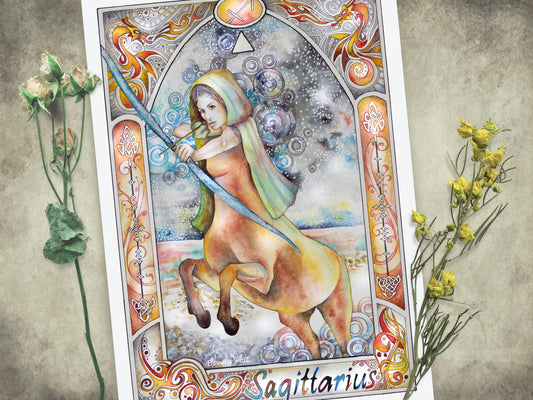 Sagittarius watercolor wall art prints for sale, Art Nouveau Zodiac Star Sign birthday gifts from our Metaphysical store.