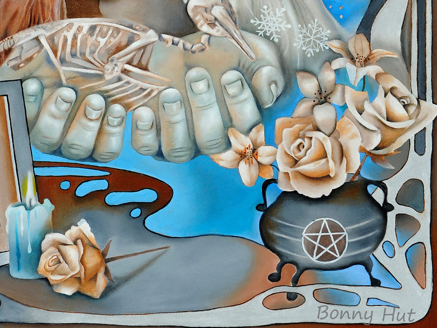 Samhain - Halloween oil painting detail of hands and cauldron- Wiccan Wheel of the Year - 8 Pagan Sabbats