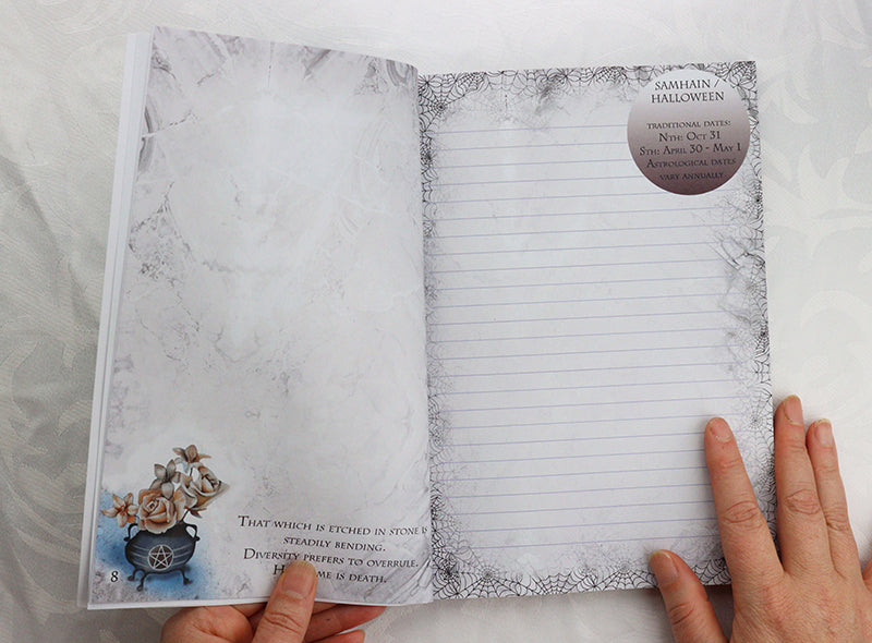 Wiccan Wheel of the Year Journal Poem, 8 Pagan Sabbats Book Art Nouvea inspired, Samhain blank and lined pages