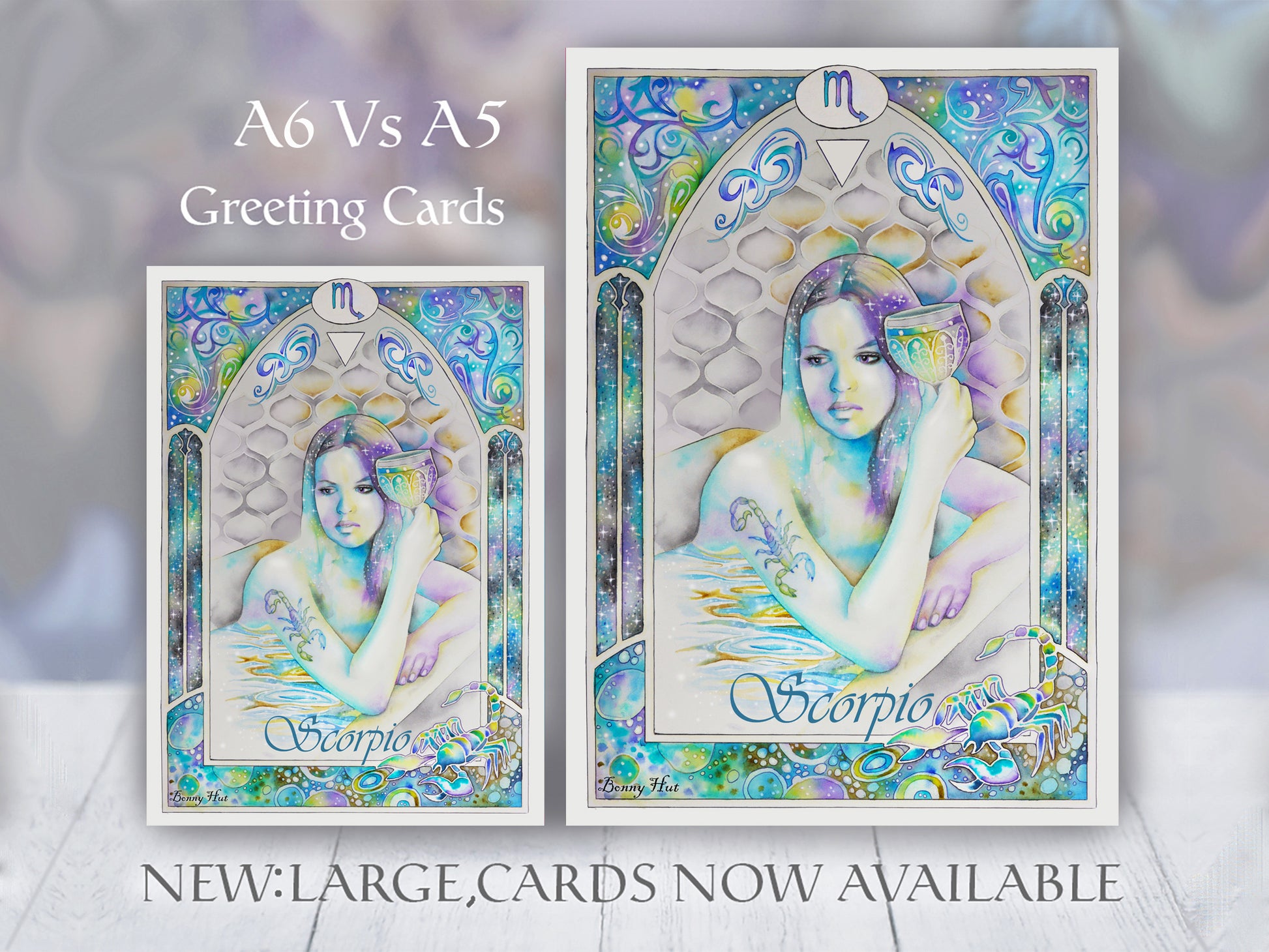 Scorpio Star sign Birthday Card. Zodiac Celestial Art Nouveau watercolor art folded cards in large A5 size and smaller 6 size. 