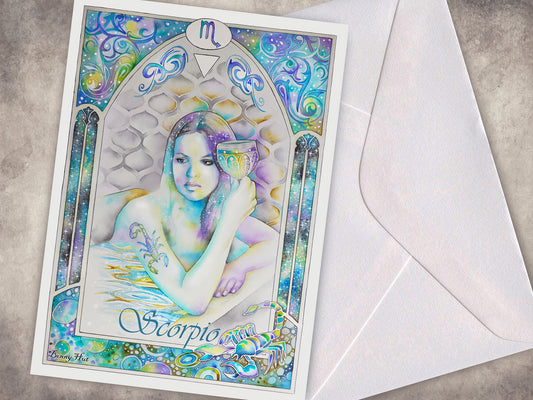 Scorpio Star sign Birthday Card. Zodiac Celestial Art Nouveau watercolor art folded cards.