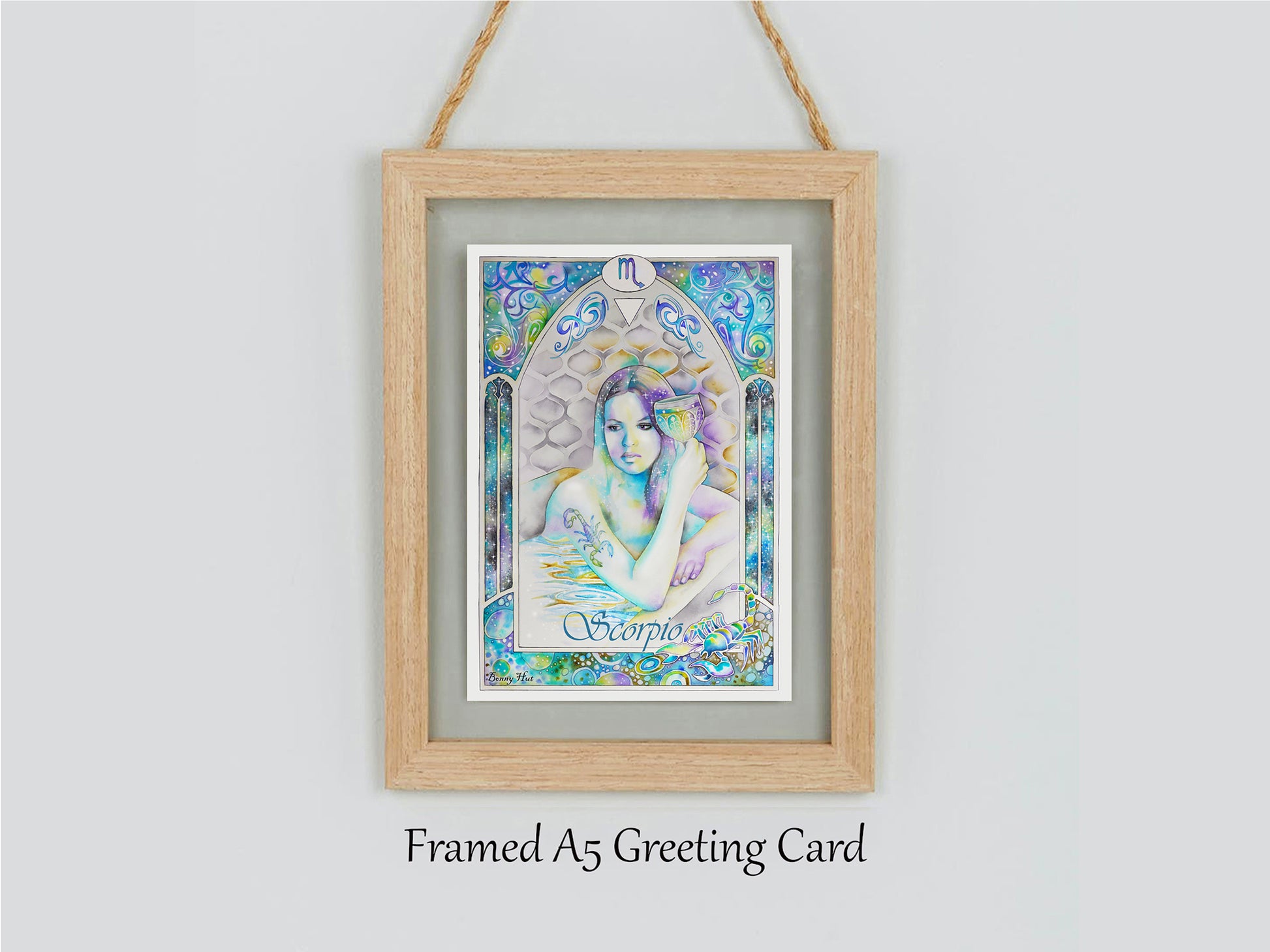 Scorpio Star sign Birthday Card. Zodiac Celestial Art Nouveau watercolor art framed card.