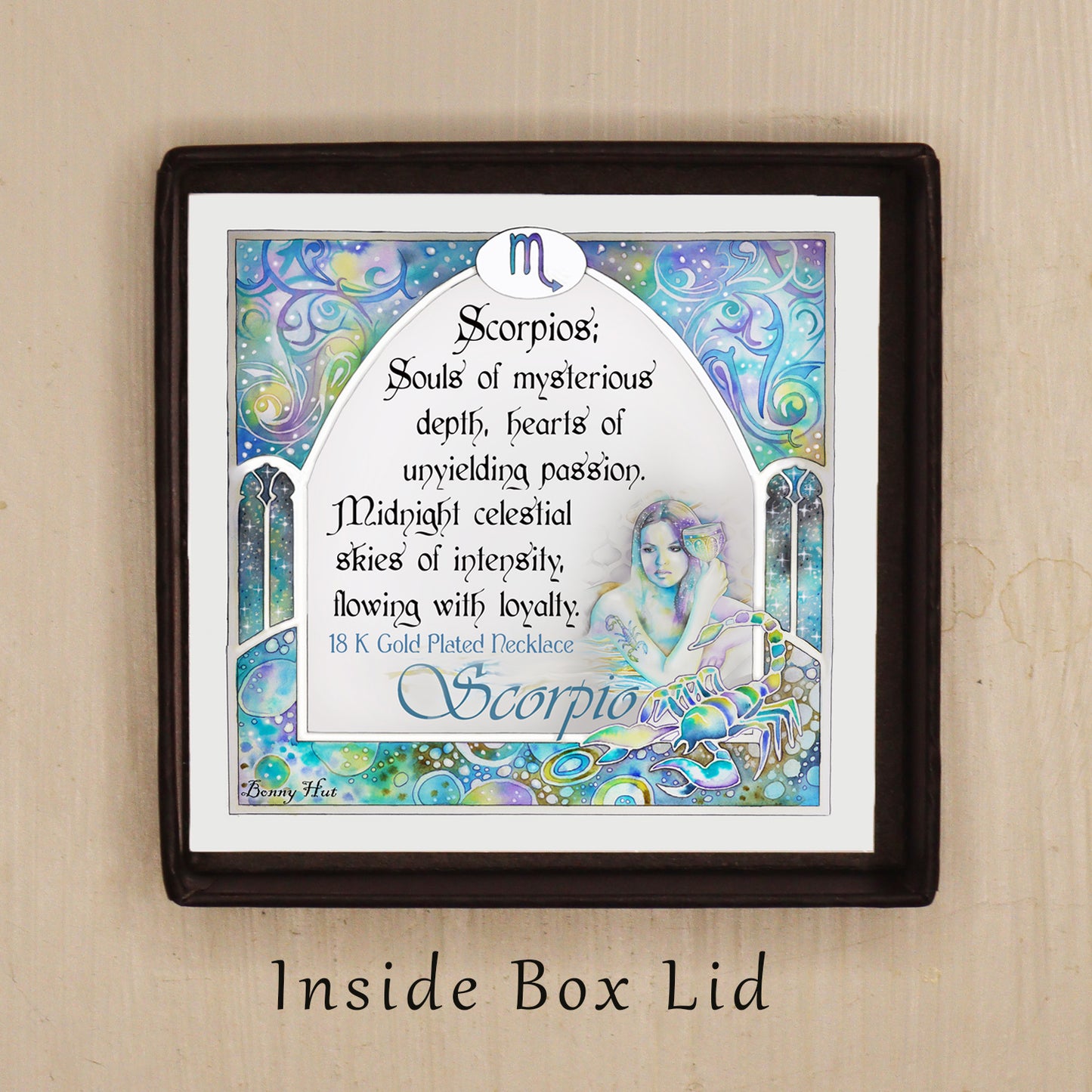 Scorpio birthday gift necklace-pendant, Zodiac star-sign jewellery for horoscope astrology lovers. Spiritual esoteric gifts for her. With inpirational quote phrase in art nouveau watercolor border. 