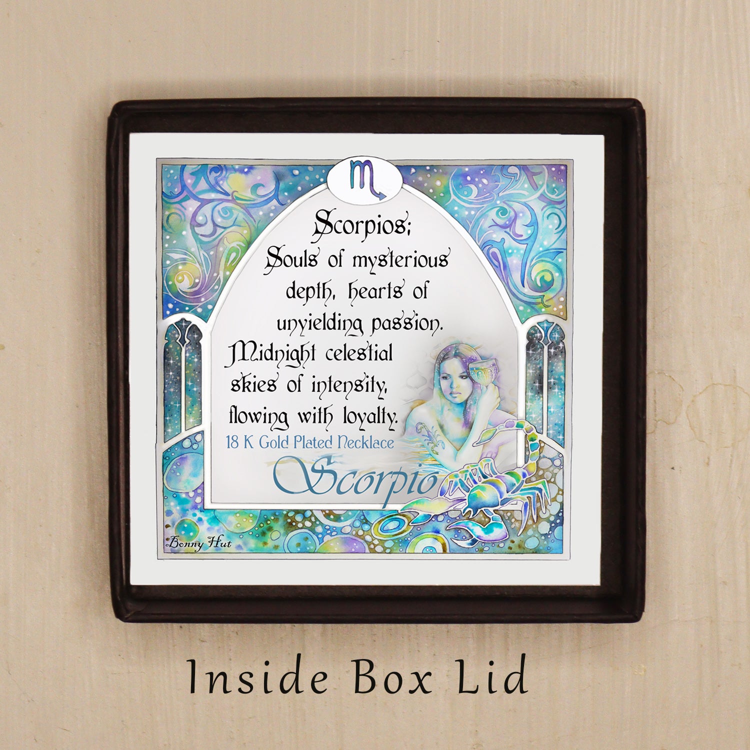Scorpio birthday gift necklace-pendant, Zodiac star-sign jewellery for horoscope astrology lovers. Spiritual esoteric gifts for her. With inpirational quote phrase in art nouveau watercolor border. 