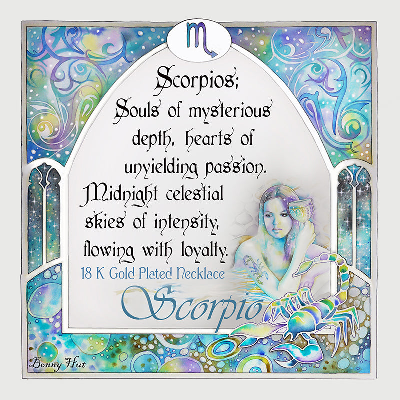 Scorpio birthday gift necklace-pendant, Zodiac star-sign jewellery for horoscope astrology lovers. Spiritual esoteric gifts for her. With inpirational quote phrase in art nouveau watercolor border.  Element of water. 