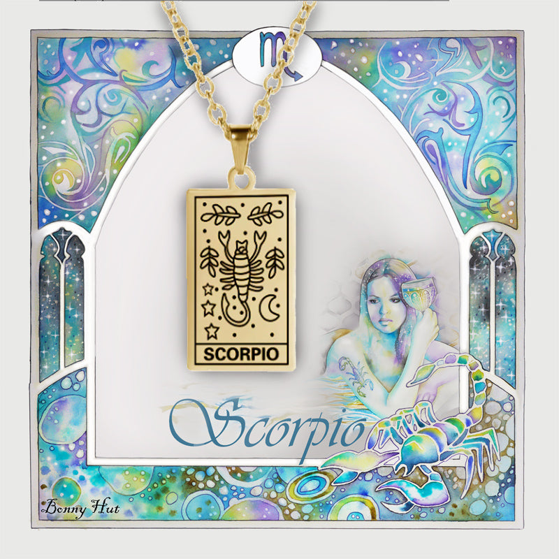 Scorpio birthday gift necklace-pendant, Zodiac star-sign jewellery with an art nouveau watercolor border