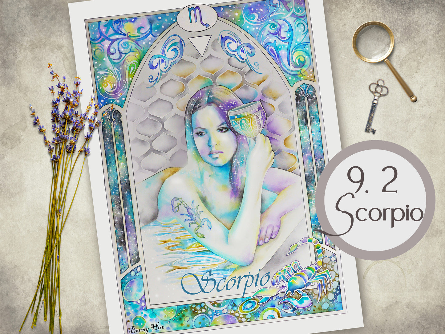 Scorpio Celestial watercolor wall art prints for sale, Art Nouveau Zodiac Star Sign birthday gifts from our Metaphysical store.
