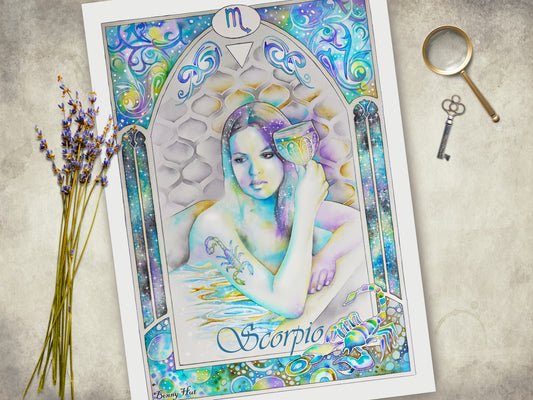 Scorpio watercolor wall art prints for sale, Art Nouveau Zodiac Star Sign birthday gifts from our Metaphysical store.