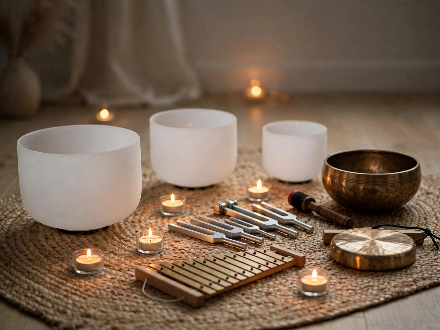 A styled acoustic singing bowl set arranged on a woven rug with lit tealights. The set includes three matte white crystal bowls, a brass singing bowl, a wooden xylophone, metal chimes, mallets, and a small round gong, photographed in a warm indoor setting.