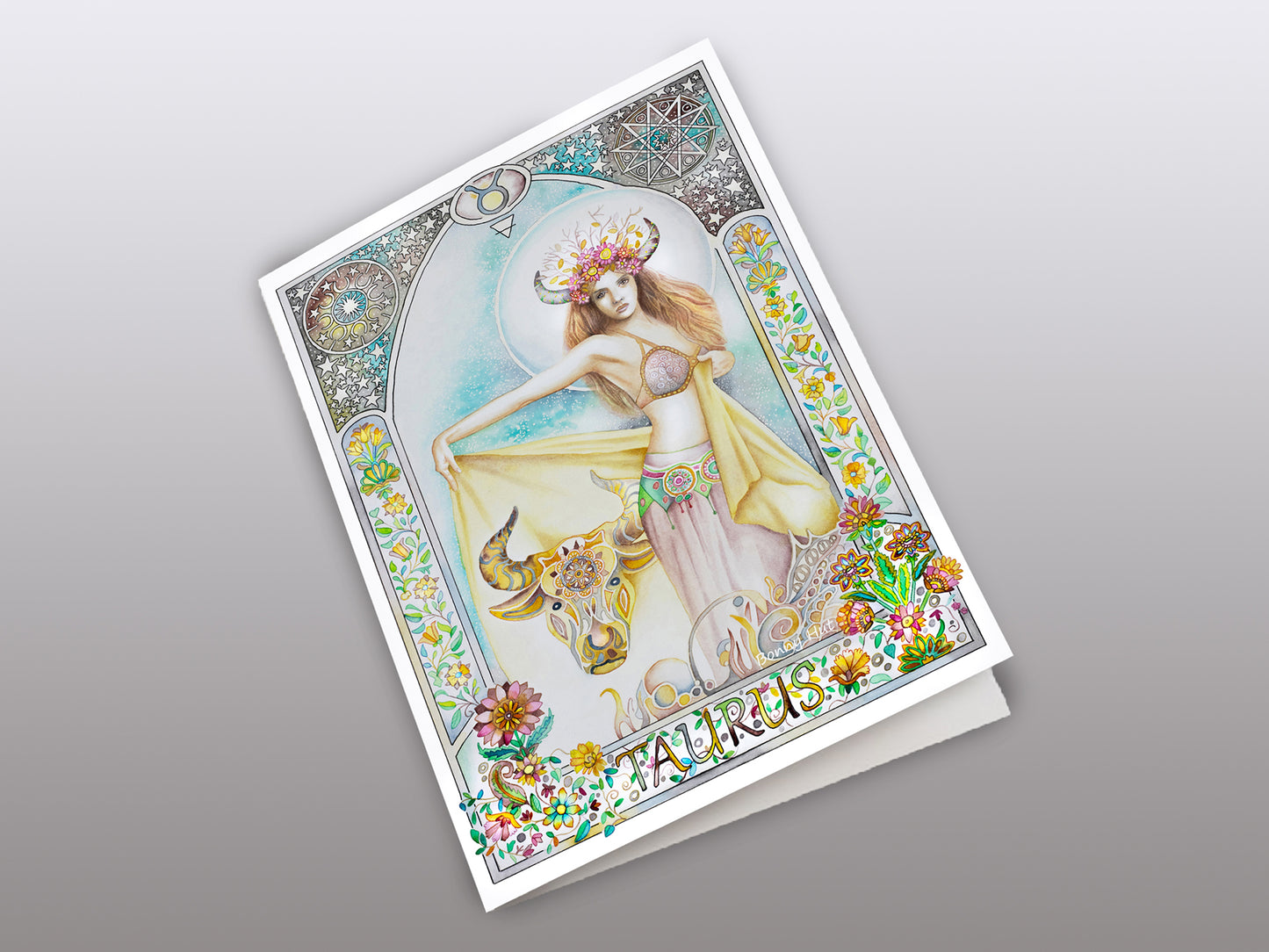 Taurus Star sign Birthday Card. Zodiac Celestial Art Nouveau watercolor art folded cards with the bull focussing on the element of earth. 