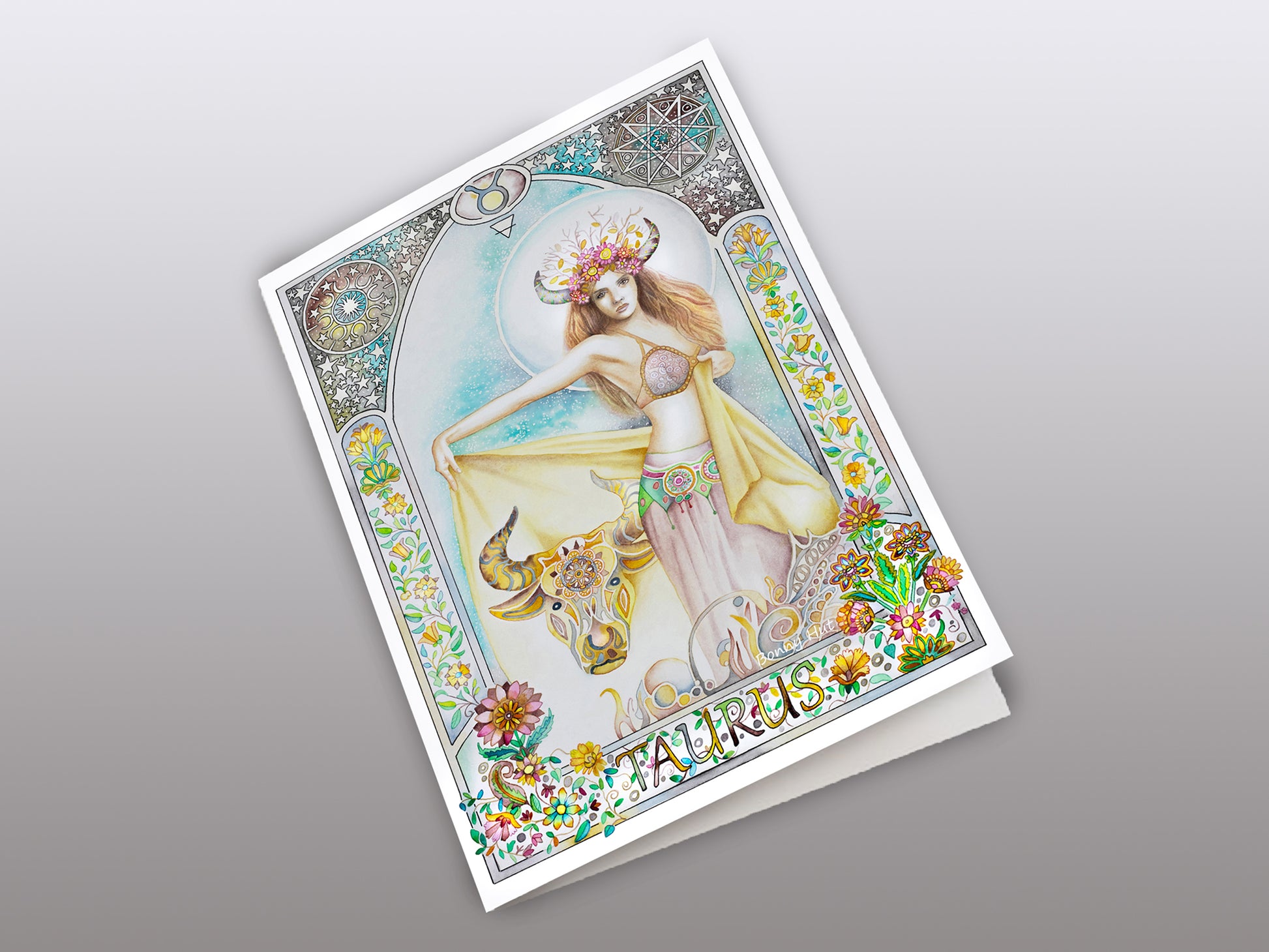 Taurus Star sign Birthday Card. Zodiac Celestial Art Nouveau watercolor art folded cards with the bull focussing on the element of earth. 
