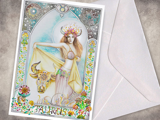 Taurus Star sign Birthday Card. Zodiac Celestial Art Nouveau watercolor art folded cards.