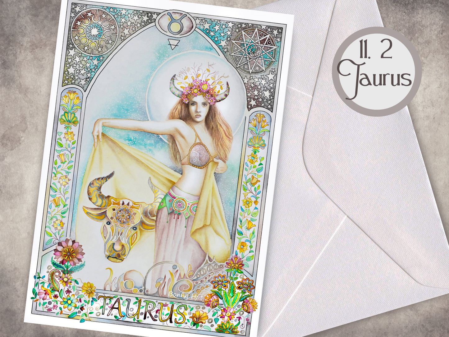 Taurus - 12 Star sign Birthday Card set. Zodiac Celestial Art Nouveau watercolor art folded cards pack or mixed option to choose from. 