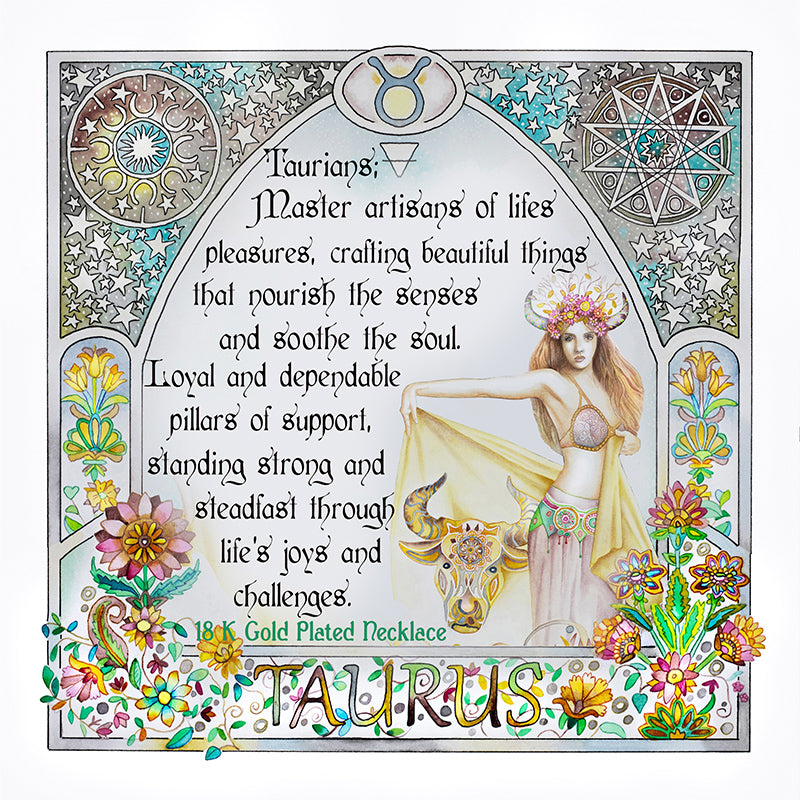 Taurus birthday gift necklace-pendant, Zodiac star-sign jewellery. Spiritual Esoteric gifts for her. Great for horoscope astrology lovers. Inspiring Taurian phrase quote set in a beautiful art nouveau watercolor border frame. 