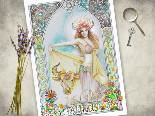Taurus watercolor wall art prints for sale, Art Nouveau Zodiac Star Sign birthday gifts from our Metaphysical store.