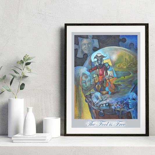 The Fool Jester Tarot wall Art Print, Surreal Esoteric Divination artwork from an original oil painting