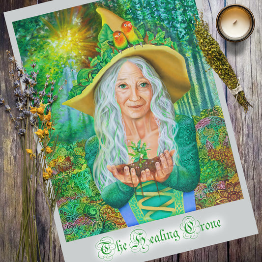 The Healing Crone - Hedge Green Nature Witch wall art print,  Wiccan-pagan artwork from portrait oil painting, Witchy gifts, arty metaphysical store crafts, 