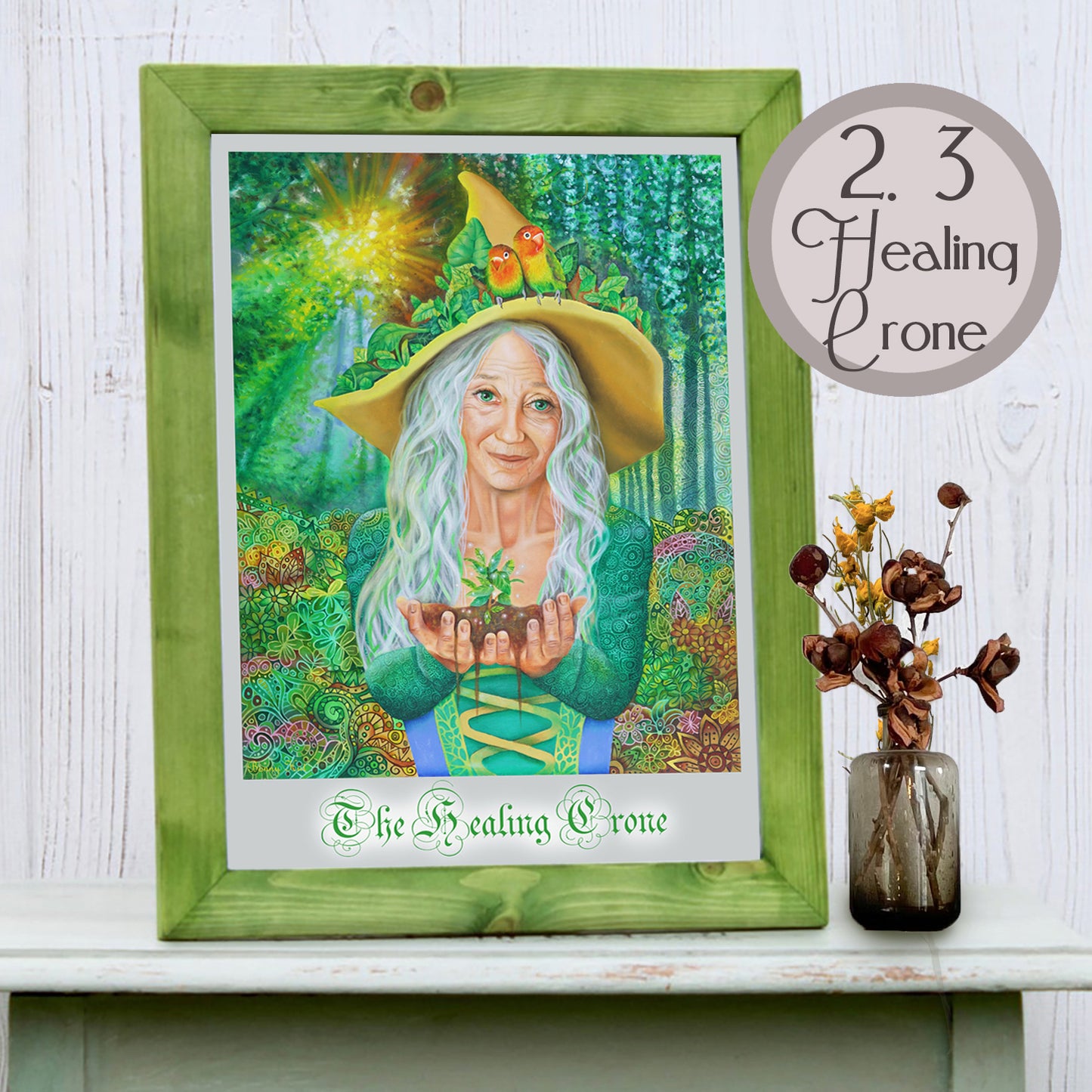 The healing crone green witch. A3 Spiritual - Pagan Art Prints Bulk quantities. Esoteric decor and witchy gifts. Reproduced from original oil paintings from our online Metaphysical store.