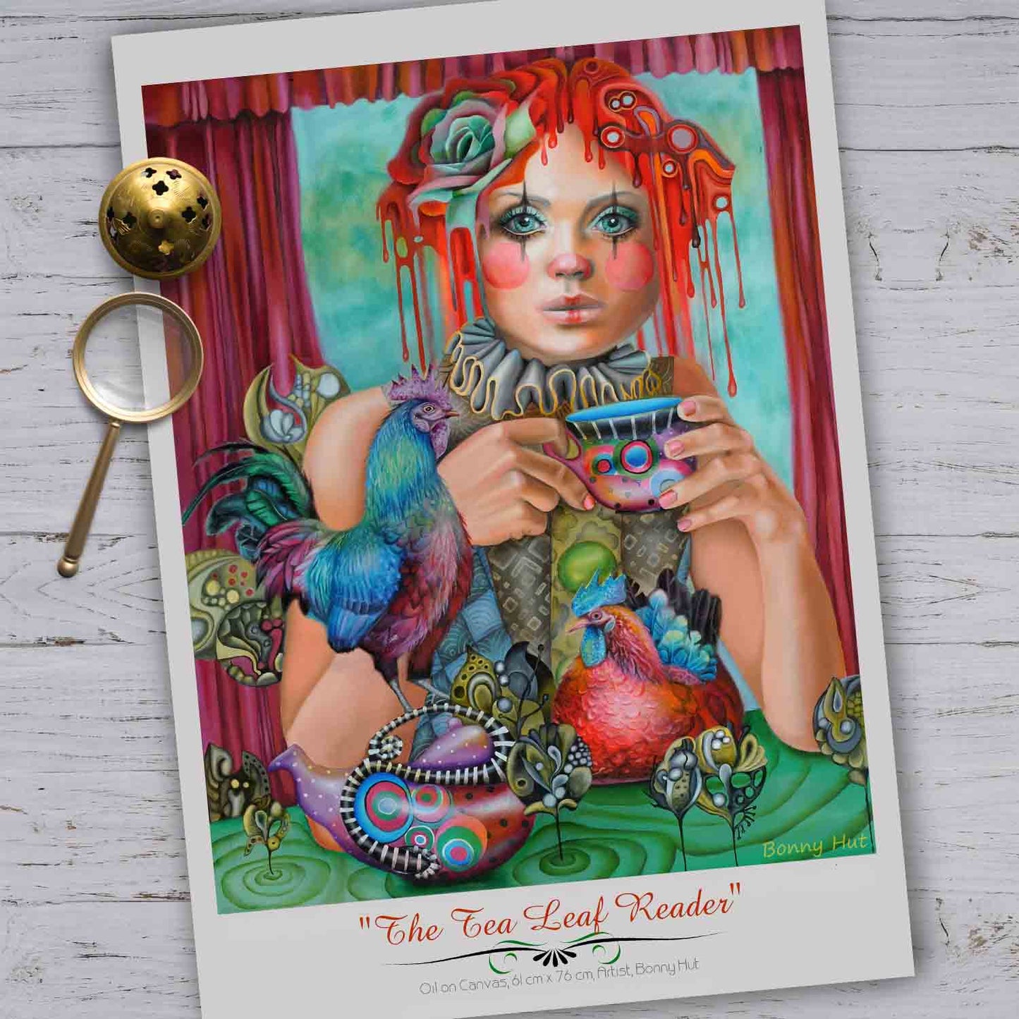 The Tea Leaf Reader - Psychic Fortune teller divination A3 wall art print. Witchy gifts from our metaphysical store. Esoteric print reproduced from a hand-painted oil painting in a wimsical pop-surrealism style. 