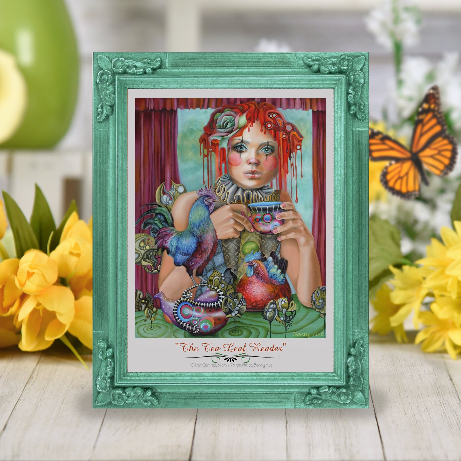 The Tea Leaf Reader - Psychic Fortune teller divination wall art print. Witchy gifts from our metaphysical store. Esoteric print reproduced from a hand-painted oil painting in a wimsical pop-surrealism style. Framed image of the print. 