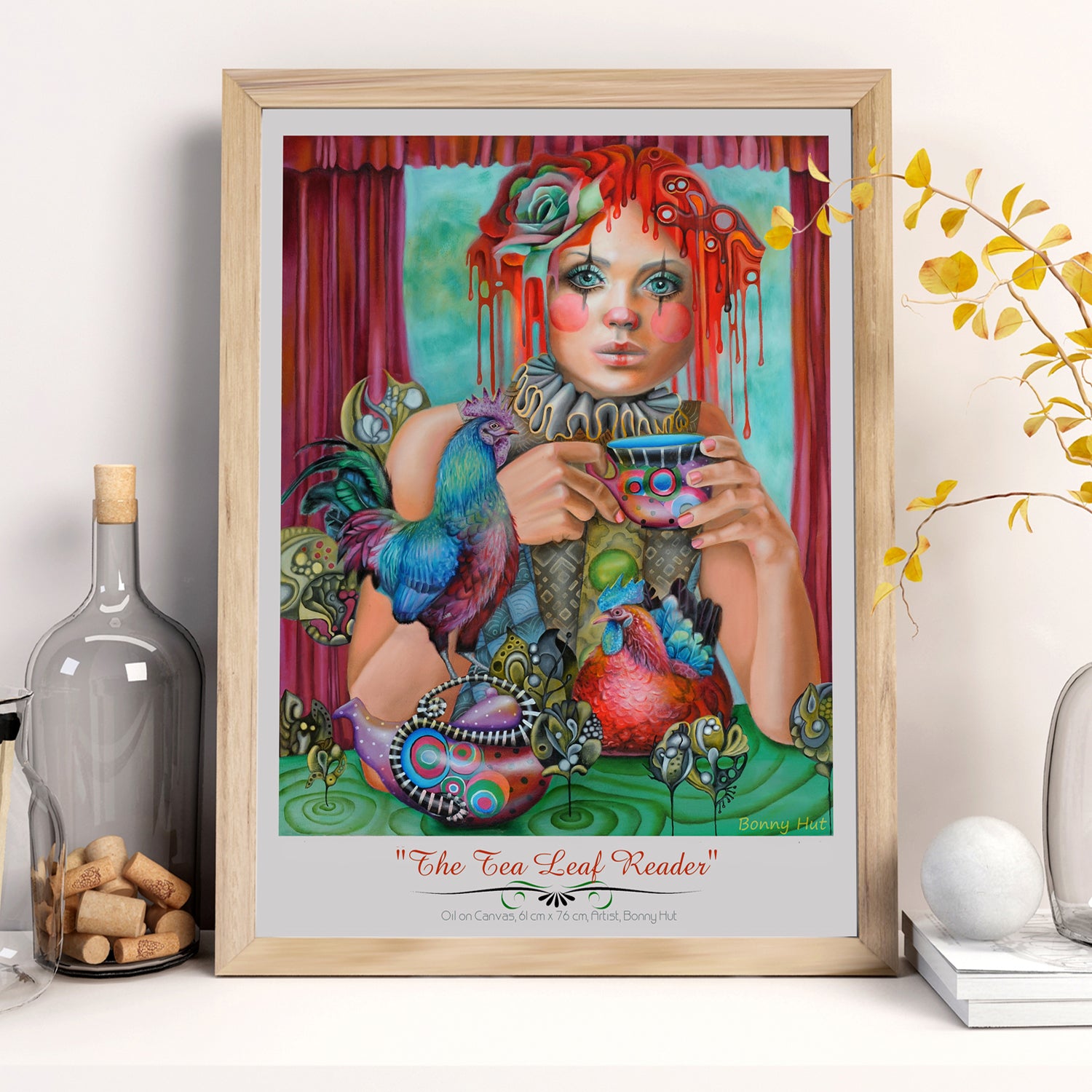 The Tea Leaf Reader - Psychic Fortune teller divination wall art print. Witchy gifts from our metaphysical store. Esoteric print reproduced from a hand-painted oil painting in a wimsical pop-surrealism style. 