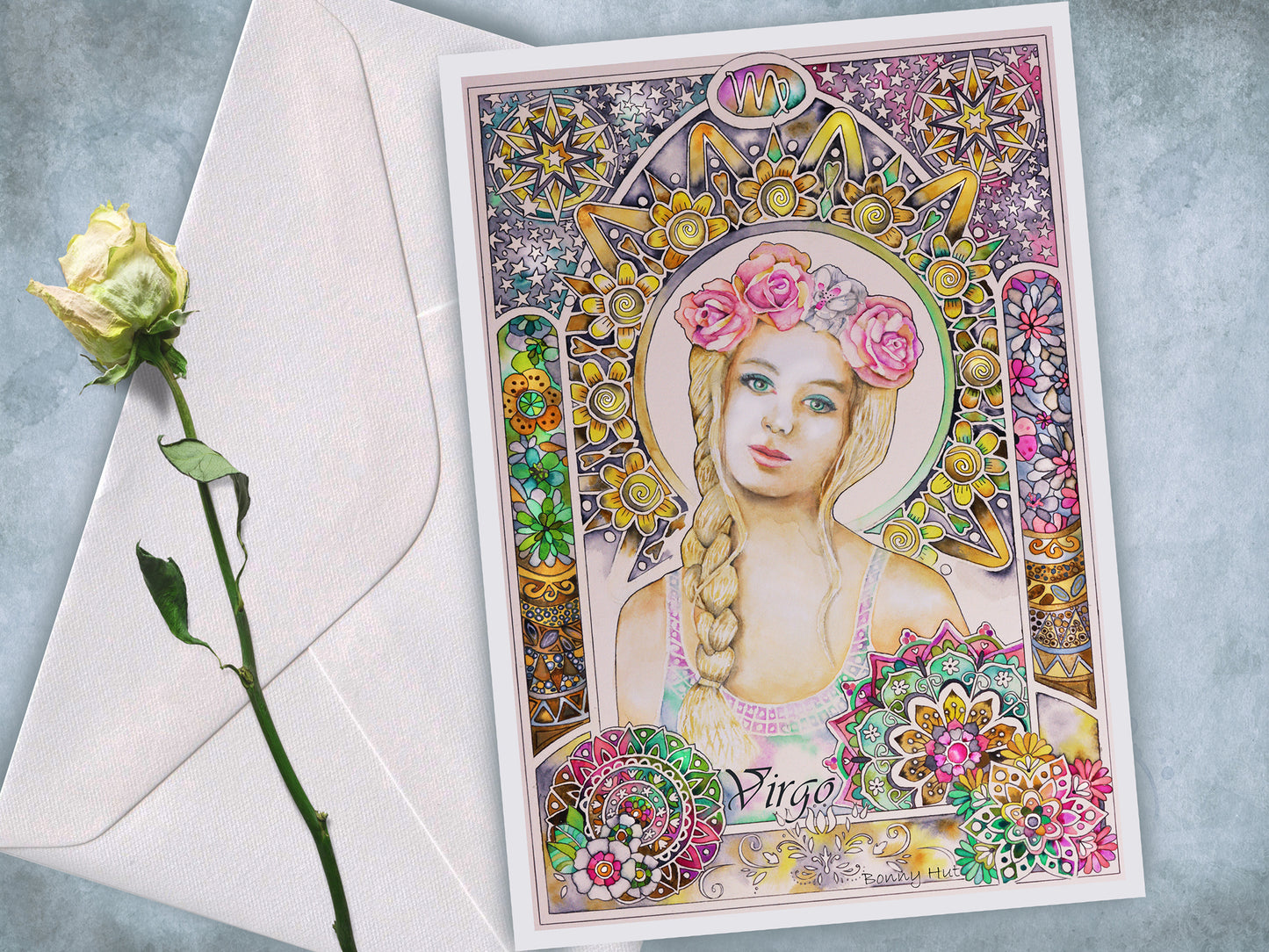 Virgo Star sign Birthday Card. Zodiac Celestial Art Nouveau watercolor art folded cards.