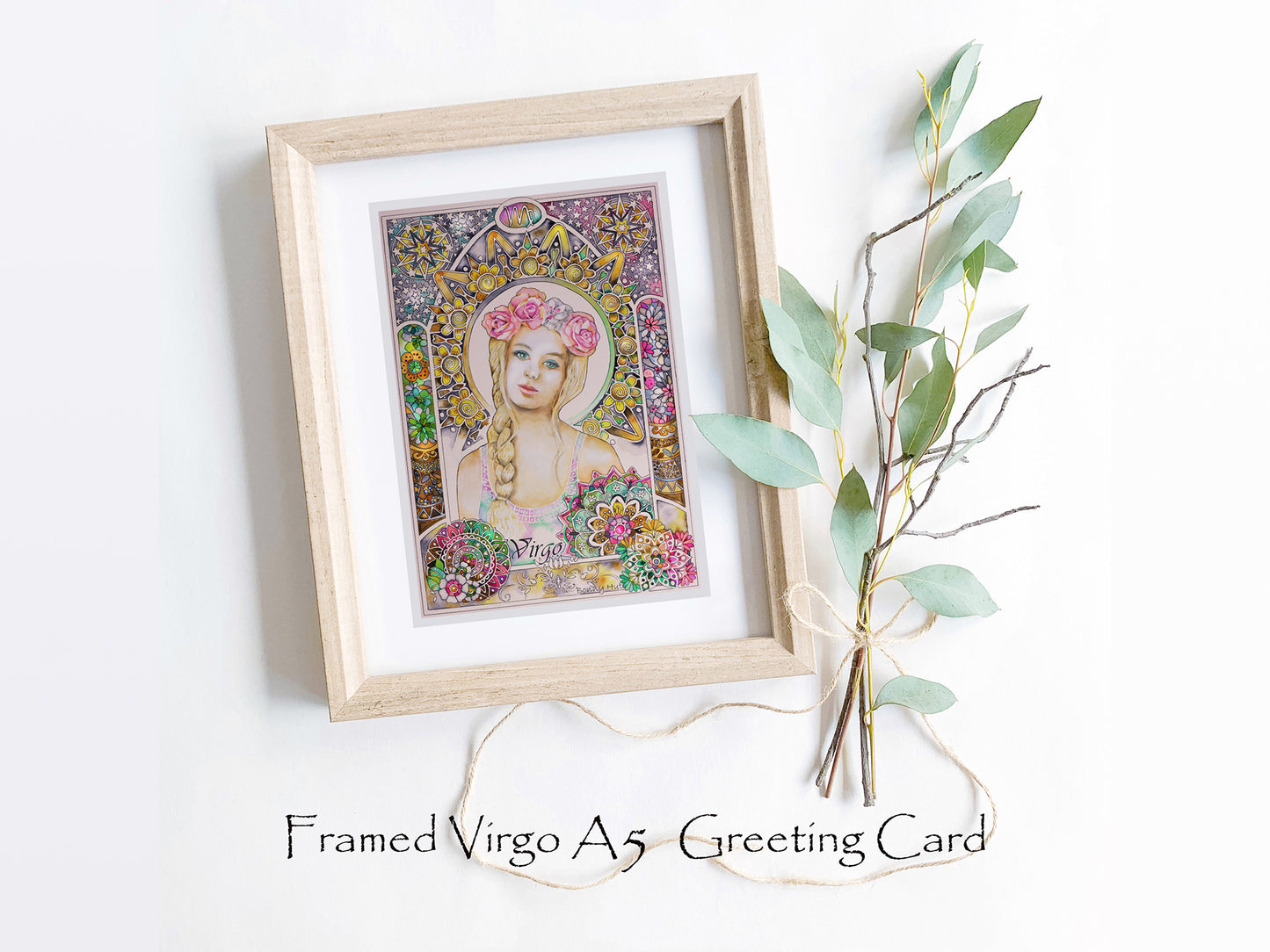 Virgo Star sign Birthday Card. Zodiac Celestial Art Nouveau watercolor art framed cards.