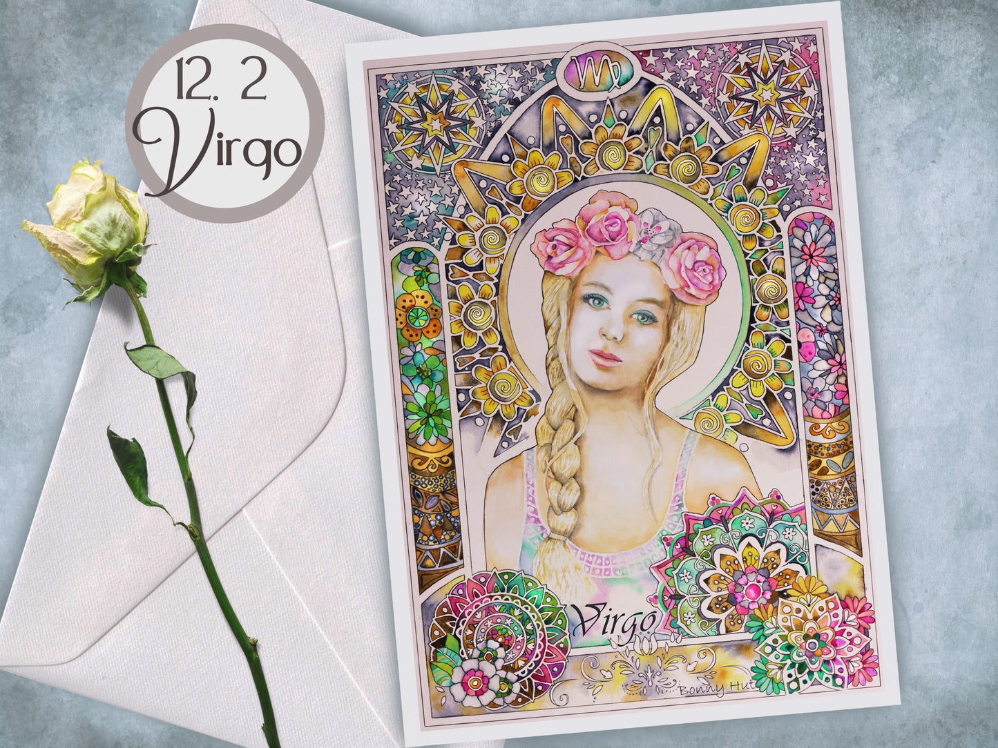 Virgo - 12 Star sign Birthday Card set. Zodiac Celestial Art Nouveau watercolor art folded cards pack or mixed option to choose from. 