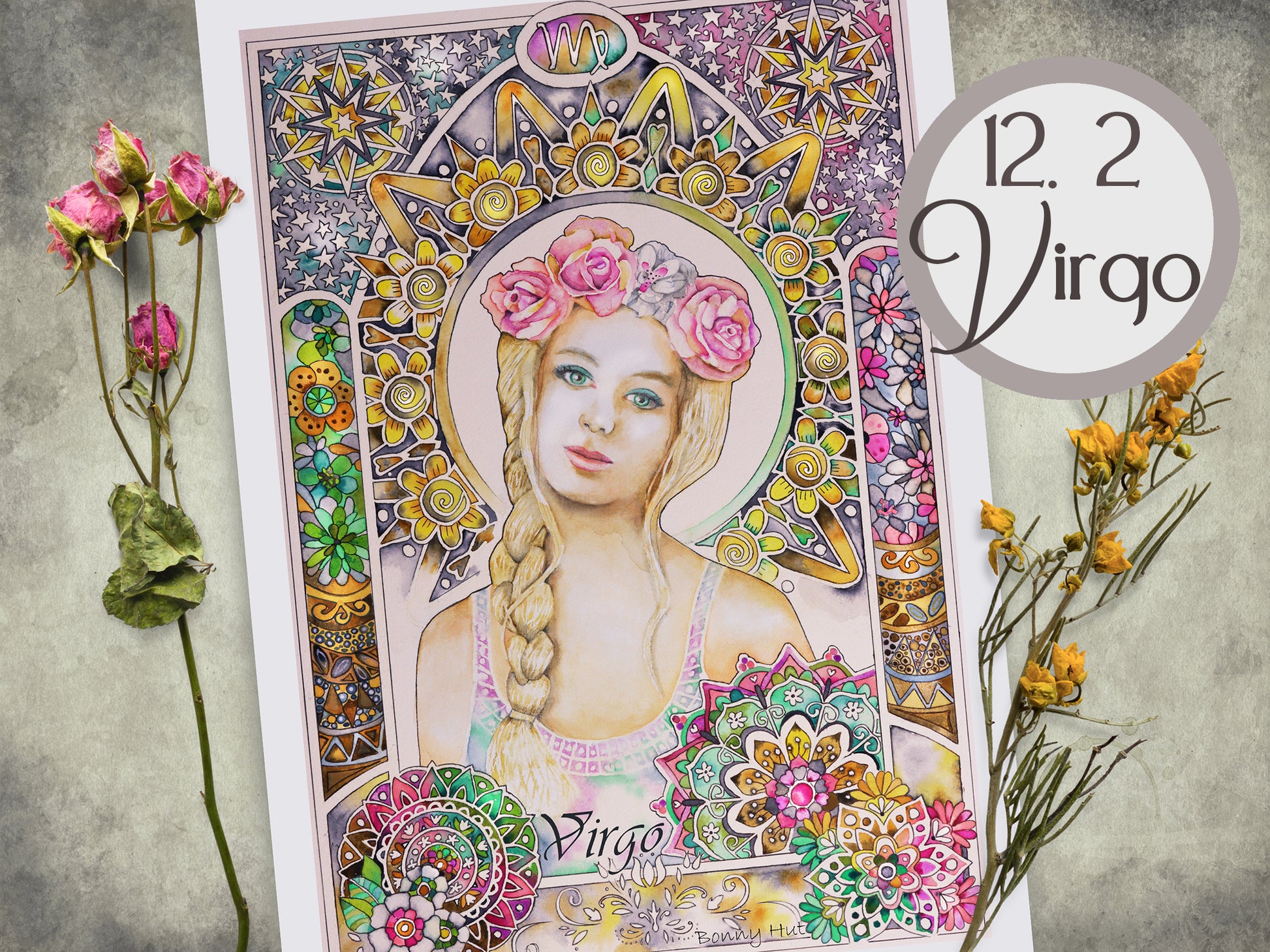 Virgo Celestial watercolor wall art prints for sale, Art Nouveau Zodiac Star Sign birthday gifts from our Metaphysical store.