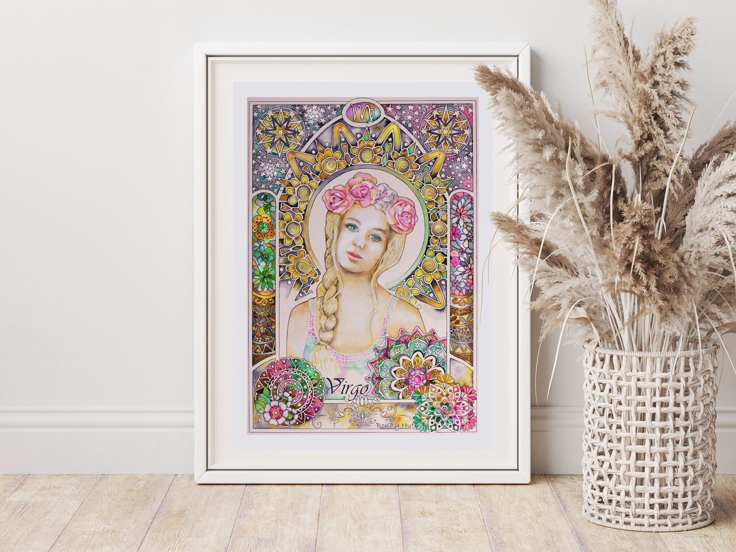 Virgo watercolor framed wall art prints for sale, Art Nouveau Zodiac Star Sign birthday gifts from our Metaphysical store.