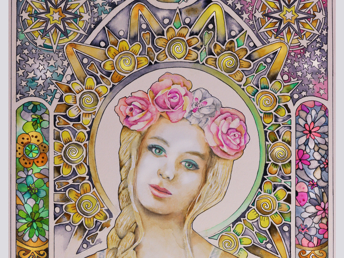 Virgo watercolor wall art prints for sale, Art Nouveau Zodiac Star Sign birthday gifts from our Metaphysical store. This is a portrait detail of the painting. 