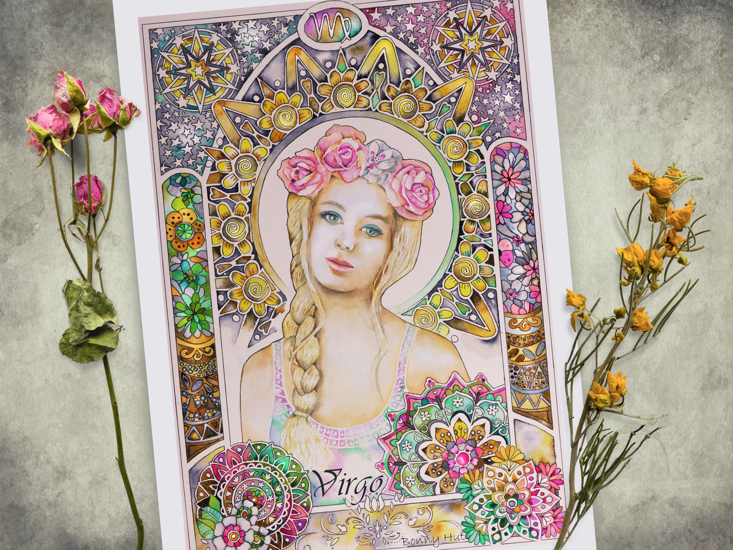 Virgo watercolor wall art prints for sale, Art Nouveau Zodiac Star Sign birthday gifts from our Metaphysical store.