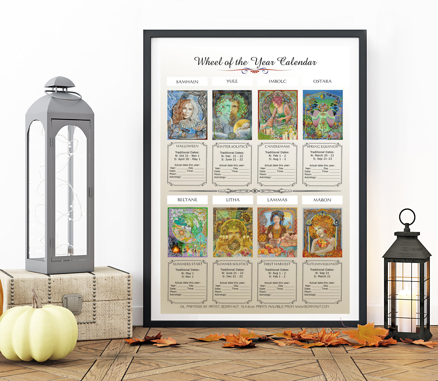 Wiccan Wheel of the Year Calendar-Tracker & chart - all 8 Pagan Sabbats wall art Nouveau A3 framed prints