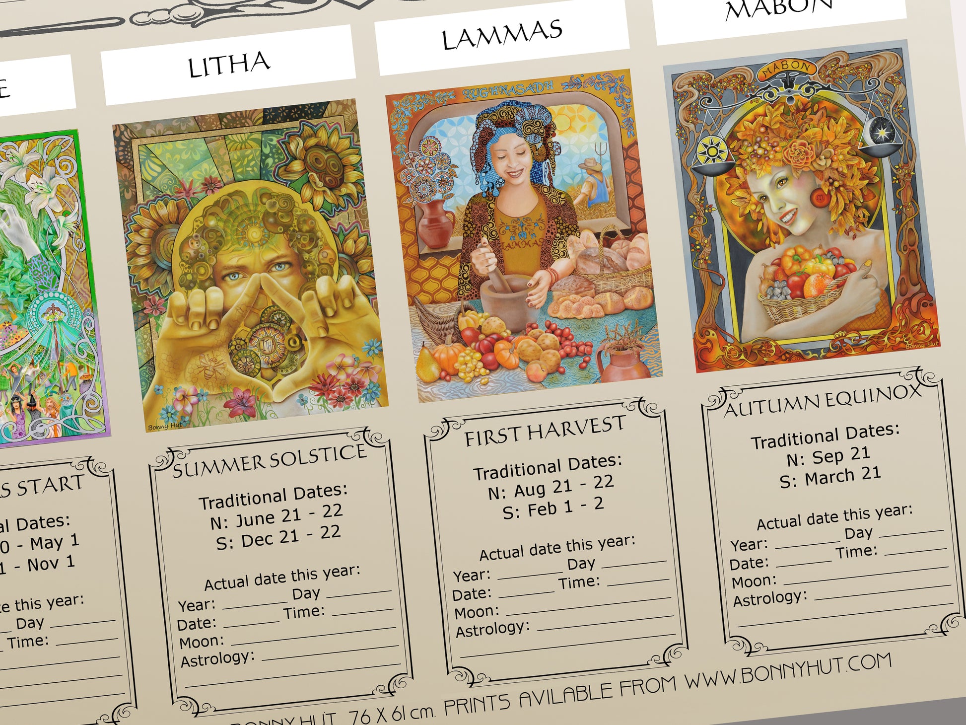 Wiccan Wheel of the Year Calendar-Tracker poster prints- all 8 Pagan Sabbats wall art Nouveau