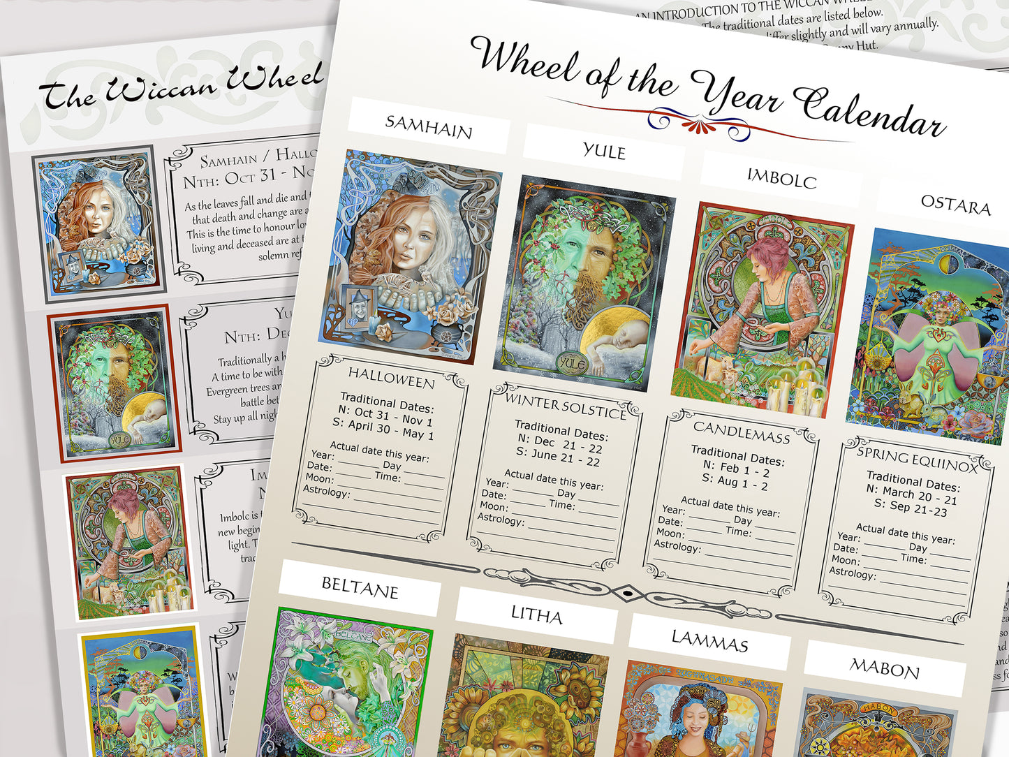 Wiccan Wheel of the Year Calendar-Tracker & chart prints - all 8 Pagan Sabbats wall art Nouveau