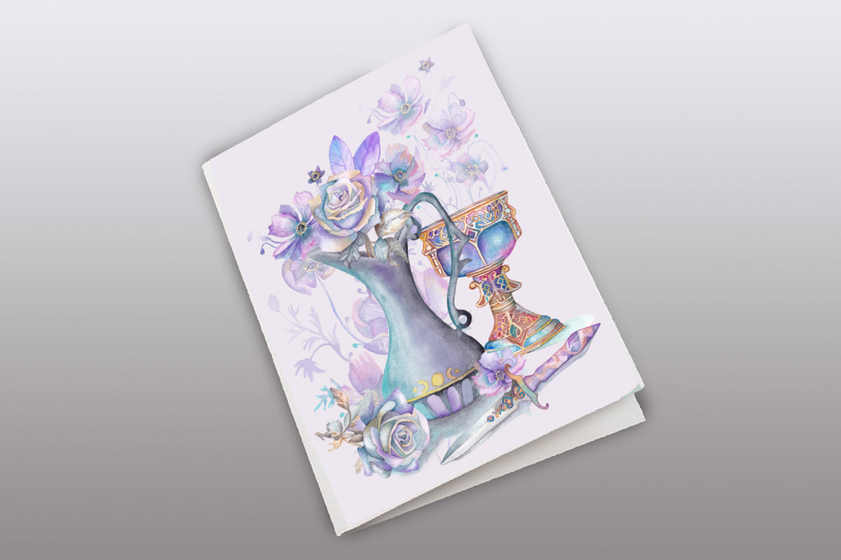 Greeting card with decorative witches altar design on a gray background. Wiccan, pagan clipart instant download from hand-painted watercolor paintings. Great for journals pagan products, book of shadows and creating your own witch gifts.
