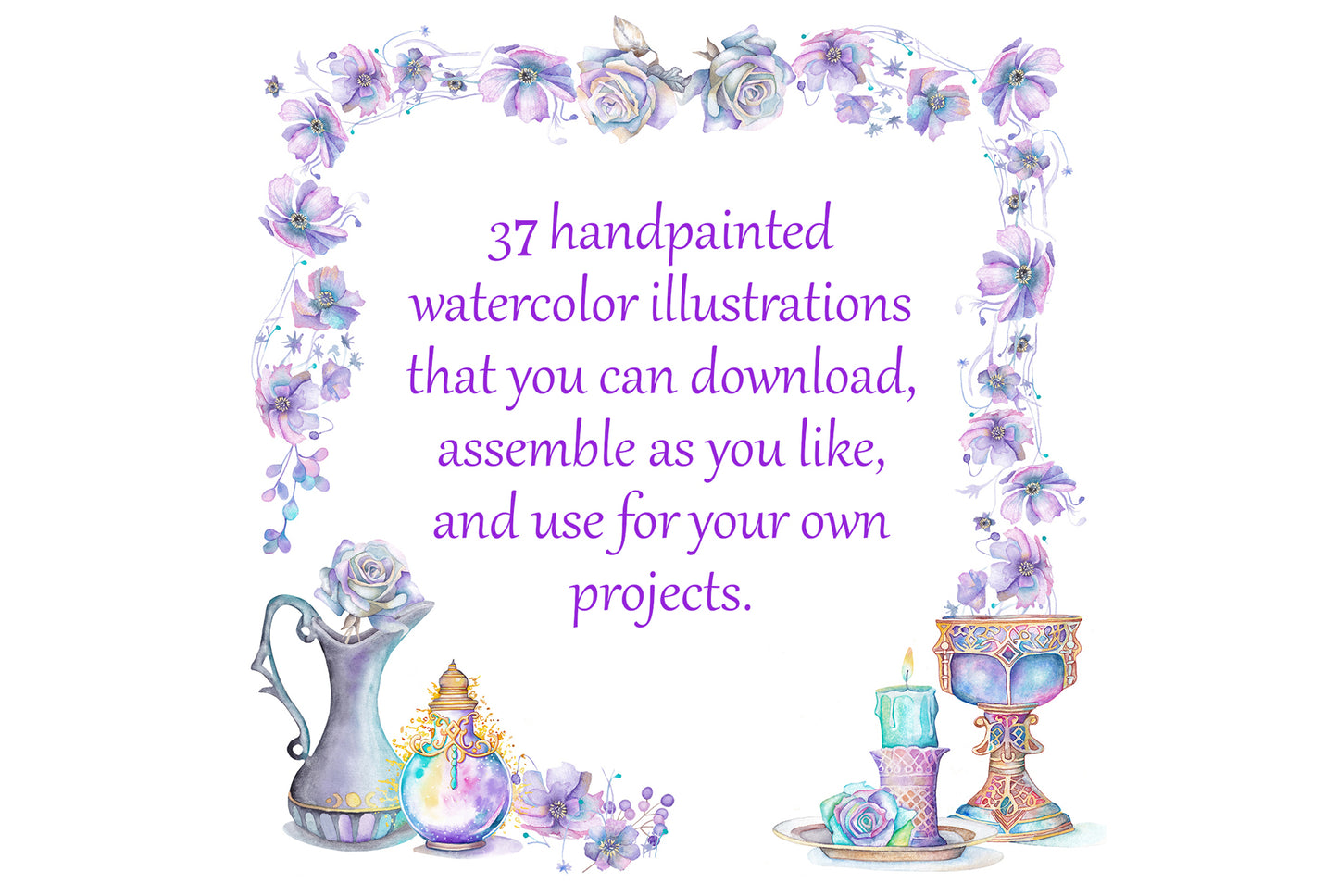 Decorative frame with handpainted watercolor illustrations and text on a white background. Wiccan pagan clipart instant download from hand-painted watercolor paintings. Great for journals pagan products, book of shadows and creating your own witch gifts. 