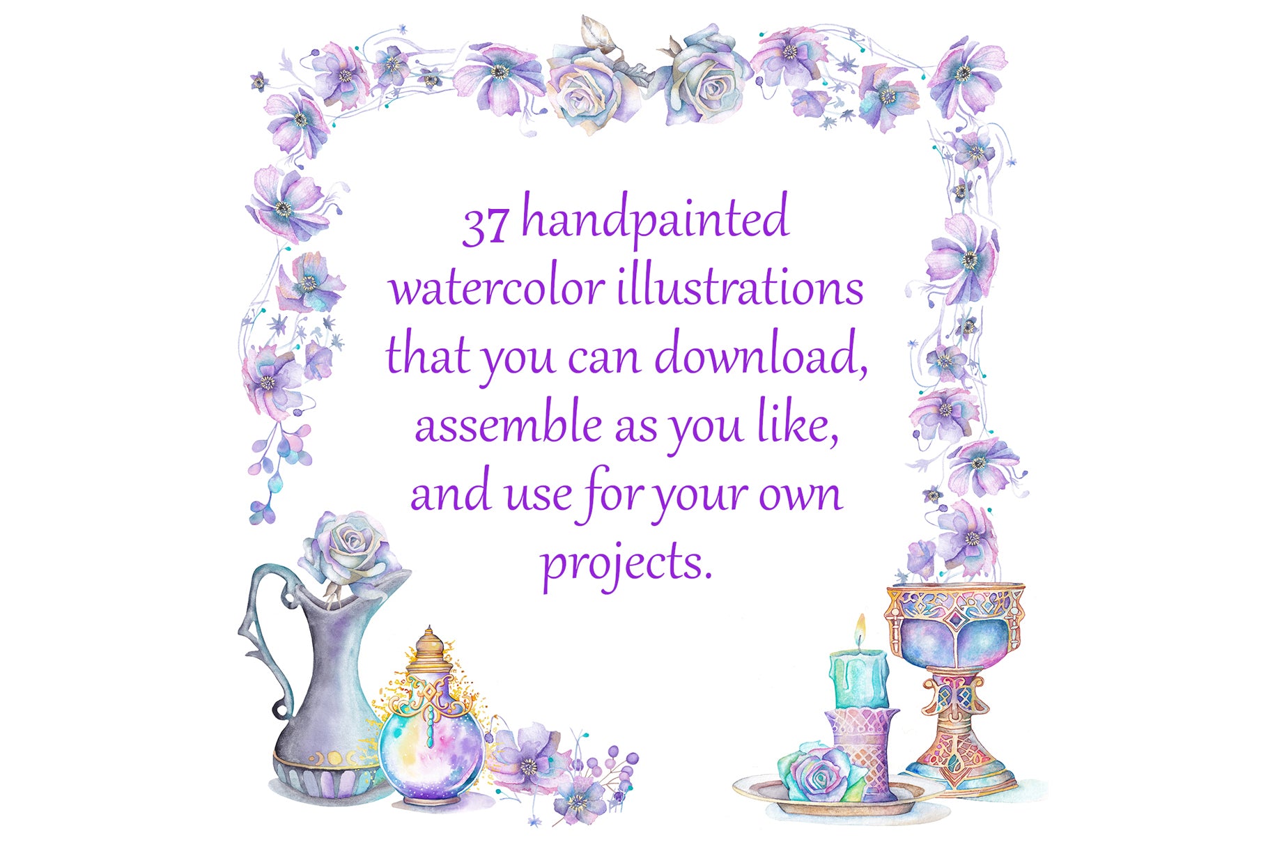 Decorative frame with handpainted watercolor illustrations and text on a white background. Wiccan pagan clipart instant download from hand-painted watercolor paintings. Great for journals pagan products, book of shadows and creating your own witch gifts. 