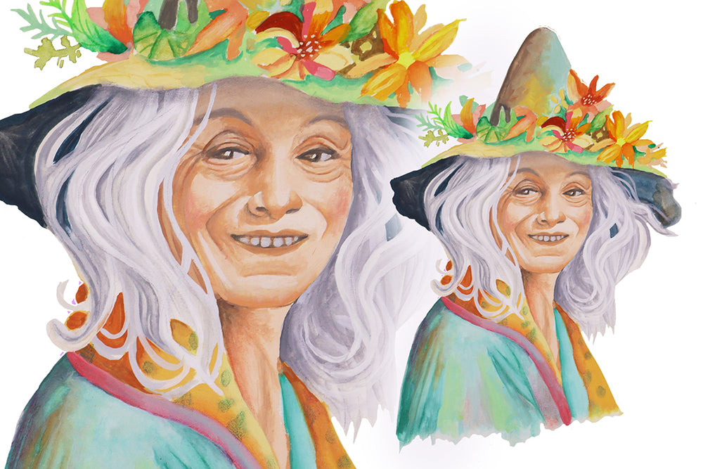 Illustration of a witchy woman with a colorful hat and floral decorations, with a smaller inset of the same scene. Instant, downloadable, printable, digital art work watercolor. Great for making your own witchy gifts or to print on your own products. 