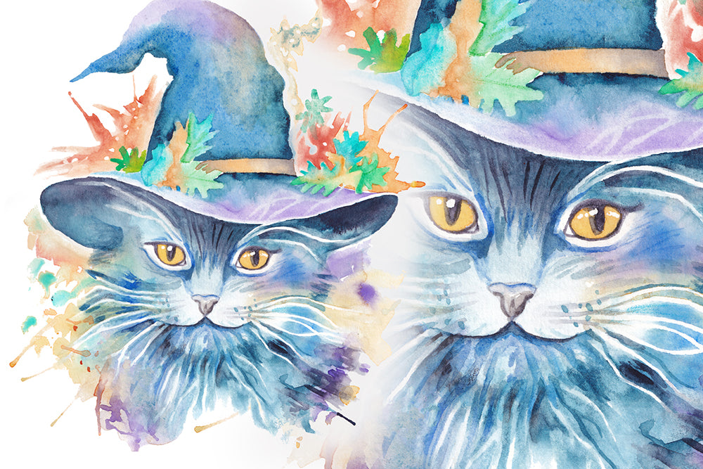 A blue cat wearing a witches hatwith watercolor splashes on a white background. Wiccan, pagan clipart instant download from hand-painted watercolor paintings. Great for journals pagan products, book of shadows and creating your own witch gifts. 