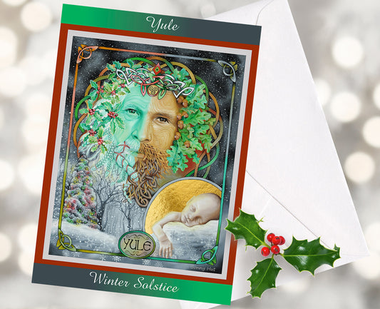 Yule Winter Solstice art greeting cards - Wiccan Wheel of the Year Pagan Sabbat Holly King and Oak King