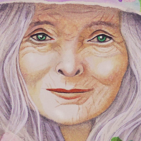 Time-lapse video of a watercolor painting of a crone witch surrounded by flowers. T